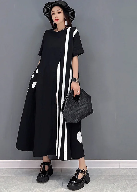 Plus Size Black O-Neck Asymmetrical Cotton Maxi Dresses Short Sleeve Fashionable Chiffon Tiered Maxi Dress