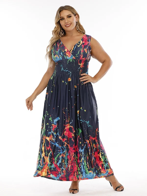 KittenAlarm - Plus Size Double V-neck Print Smocked Waist Maxi Dress Classic Black Maxi Dress