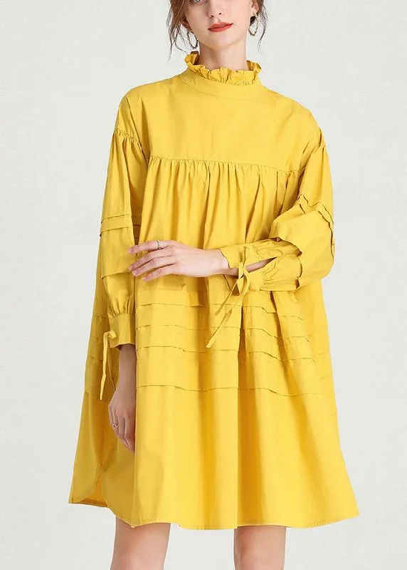 Plus Size Yellow Stand Cotton Bow Spring Maxi Dresses Trendy Ruffled Maxi Dress