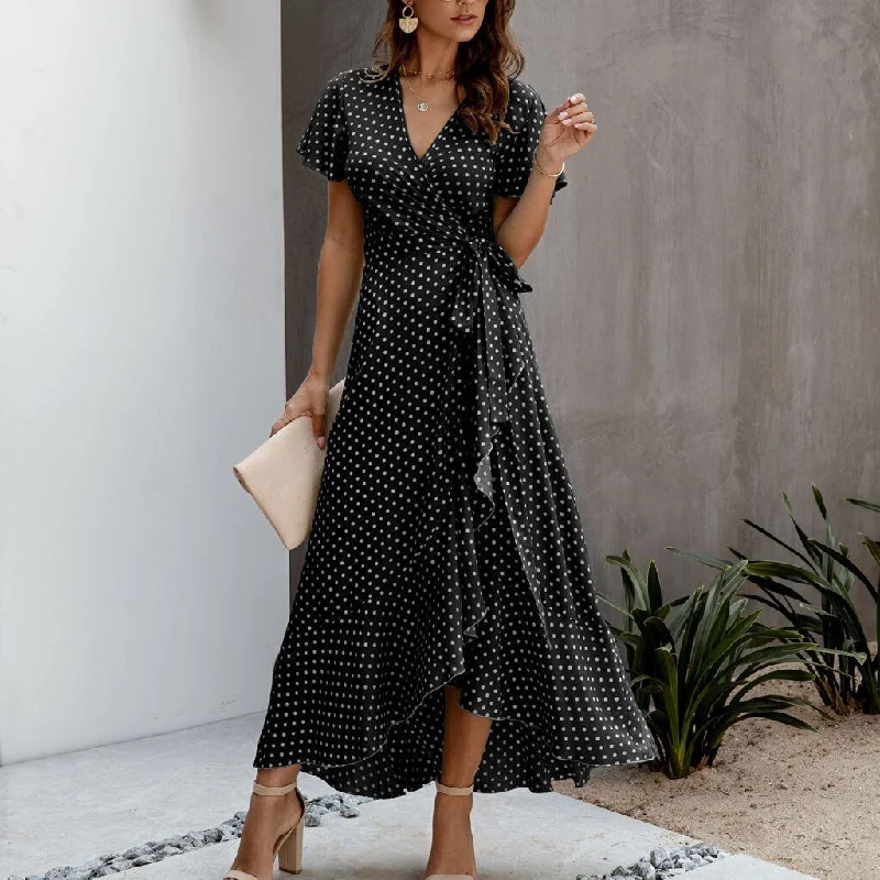 Polka Dot Chiffon V-Neck Maxi Dress Fashionable High-Waist Maxi Dress