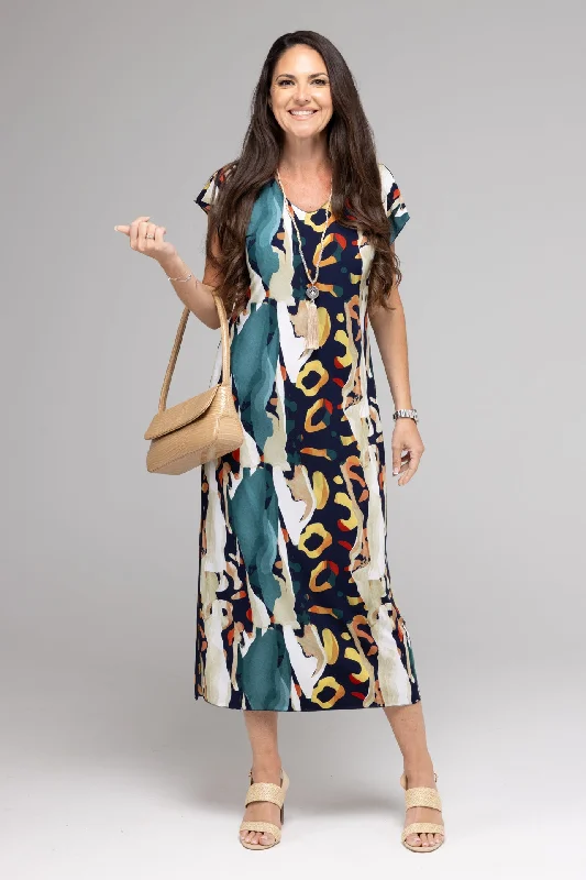 Scramble Print Short Sleeve Jersey Maxi Dress Chic Button-Up Maxi Dress