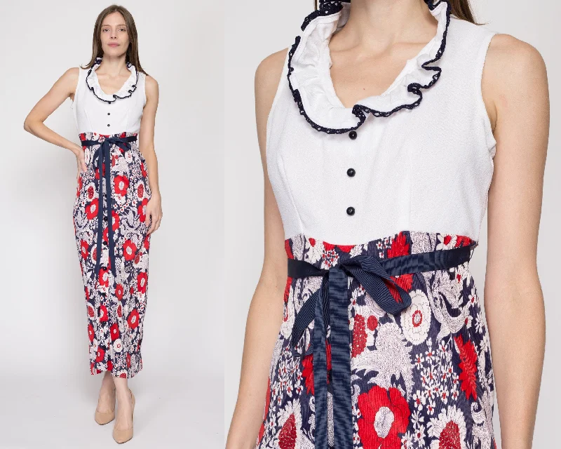 Sm-Med 60s Red White & Blue Floral Maxi Dress Elegant Floral Maxi Dress