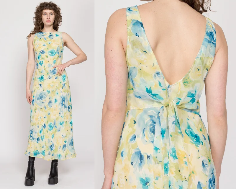 Sm-Med 90s Yellow & Blue Floral Silk Bias Maxi Dress Trendy Maxi Dress with Bow