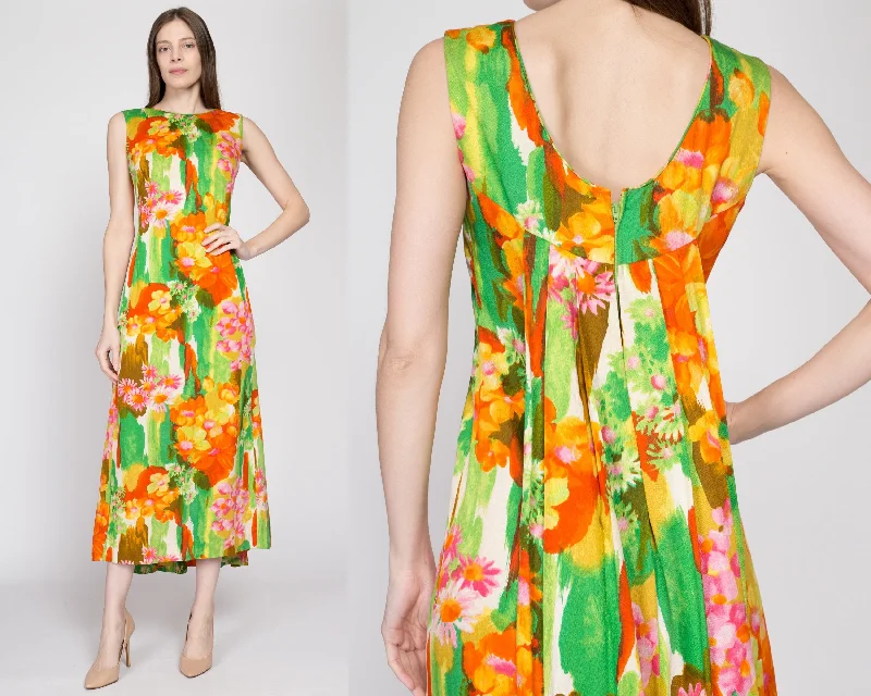 Small 60s Kaanapali Hawaiian Floral Watteau Maxi Dress Stylish Boho Chic Maxi Dress