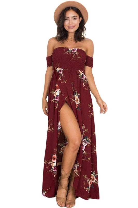 Smoked Off Shoulder Burgundy Floral Maxi Dress Fashionable Layered Maxi Dress