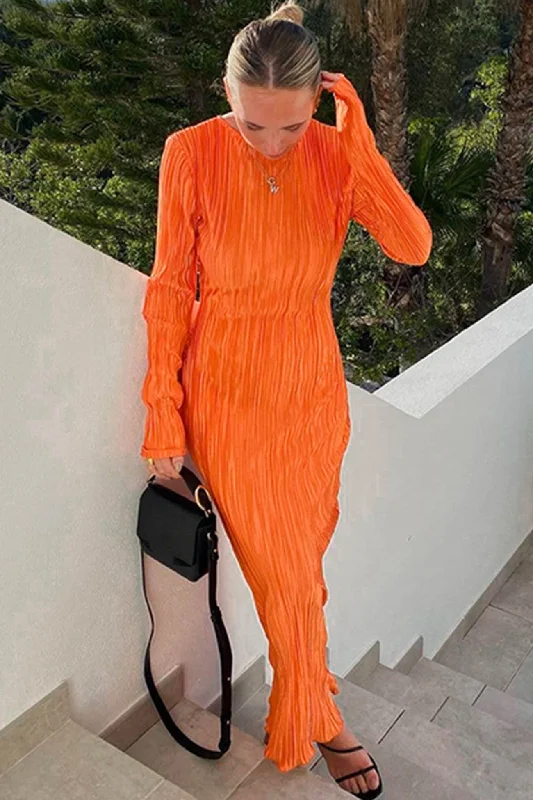 TastyHottie - Solid Color Crew Neck Pleated Maxi Dress Cozy Knitted Maxi Dress