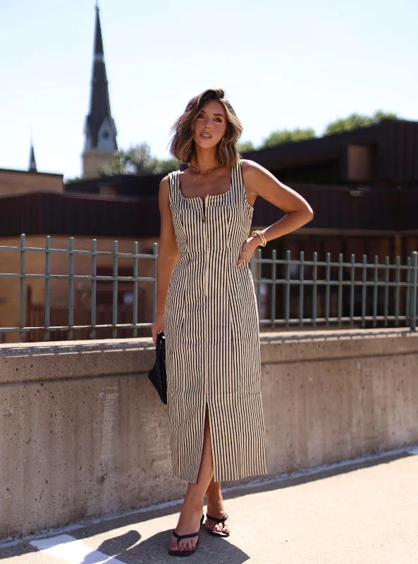 Striped Twill Maxi Dress Comfortable Ruffle Maxi Dress