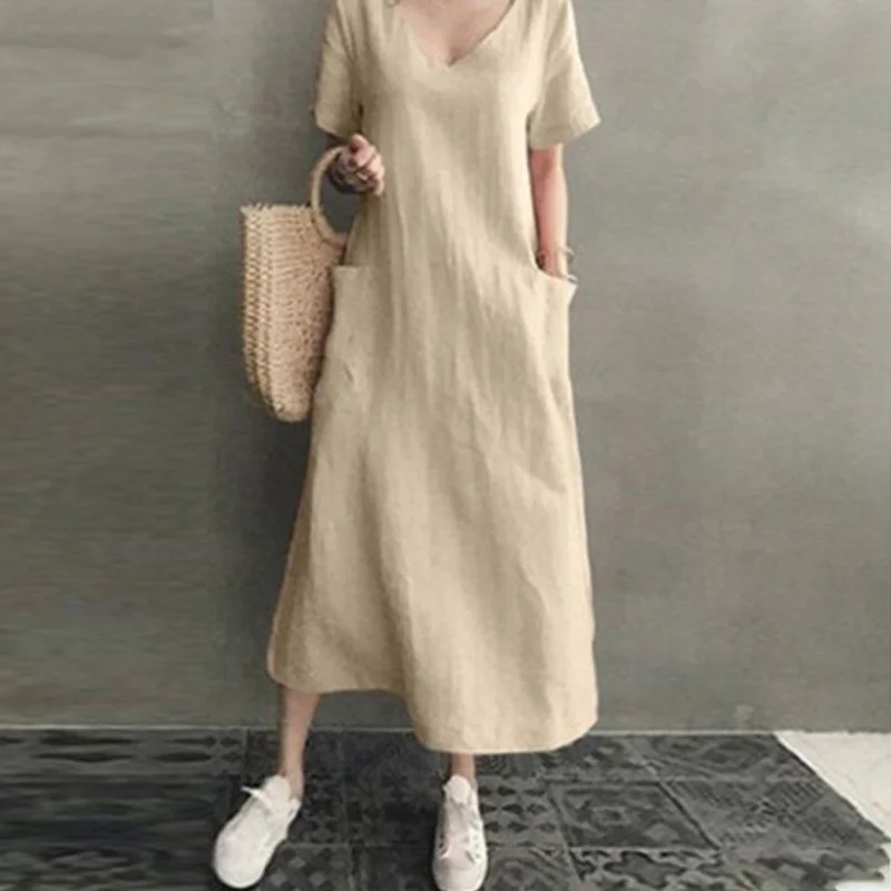 Summer Casual Linen Pocket Maxi Dress Chic Summer Floral Maxi Dress