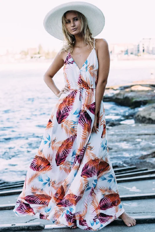 Summer Vacay Palm Leaf Print Plunging Neck Maxi Dress Cozy Ribbed Maxi Dress