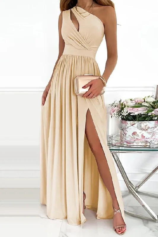 Solid One Shoulder Trendy Party/Elegant Maxi Dress Fashionable Asymmetrical Maxi Dress