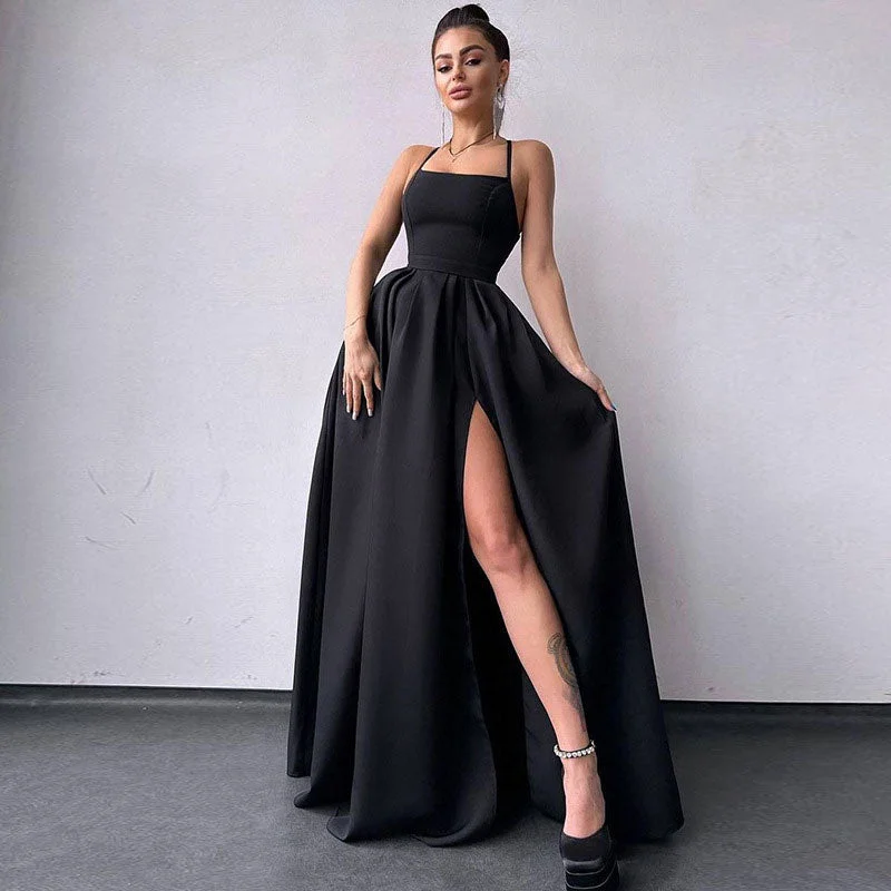 Solid Color High Trendy Slit Maxi Dress Fashionable Off-Shoulder Maxi Dress