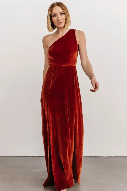 Tatiana Velvet One Shoulder Maxi Dress | Rust Fashionable Asymmetrical Maxi Dress