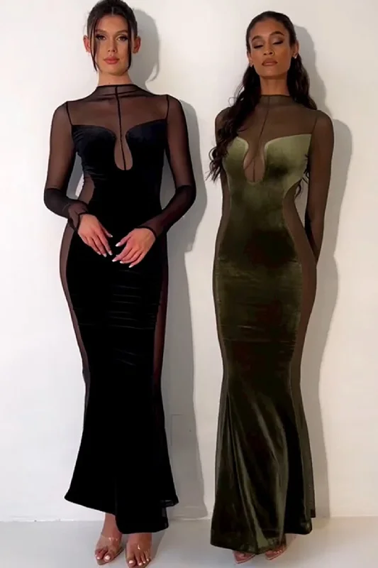 TastyHottie - Velvet Mesh Patchwork Fishtail Maxi Dress Cozy Maxi Dress with Slit