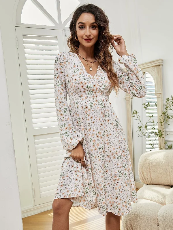 KittenAlarm - Women V Neck Elastic Waist Floral Print Long Sleeve Maxi Dress Elegant Silk Maxi Dress