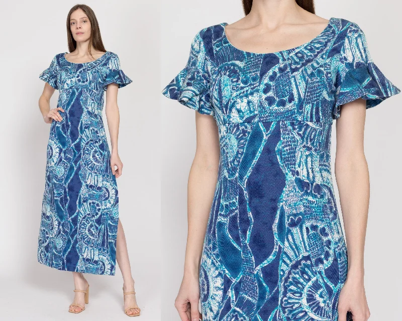 XS 60s Hawaiian Blue Abstract Print Maxi Dress Fashionable Halter Neck Maxi Dress