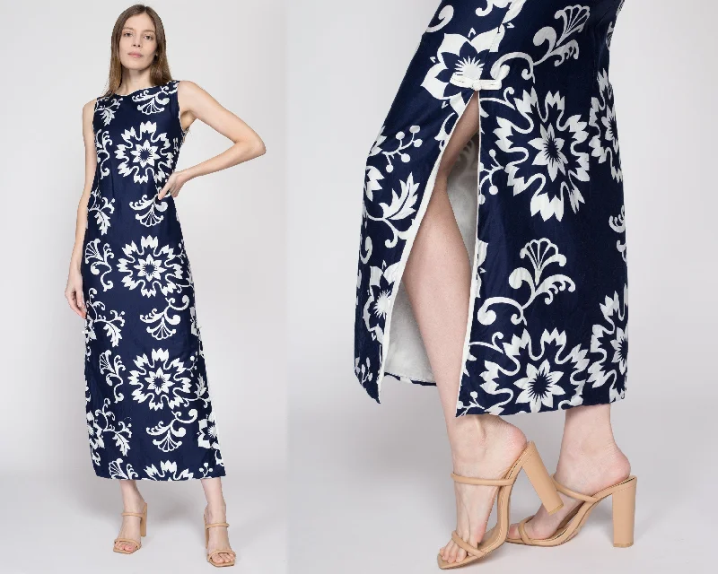 XS 60s Hawaiian Navy Blue Floral Maxi Dress Chic Button-Up Maxi Dress