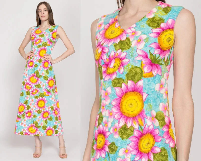 XS 70s Blue & Pink Sunflower Print Sleeveless Maxi Dress Comfortable Cotton Maxi Dress