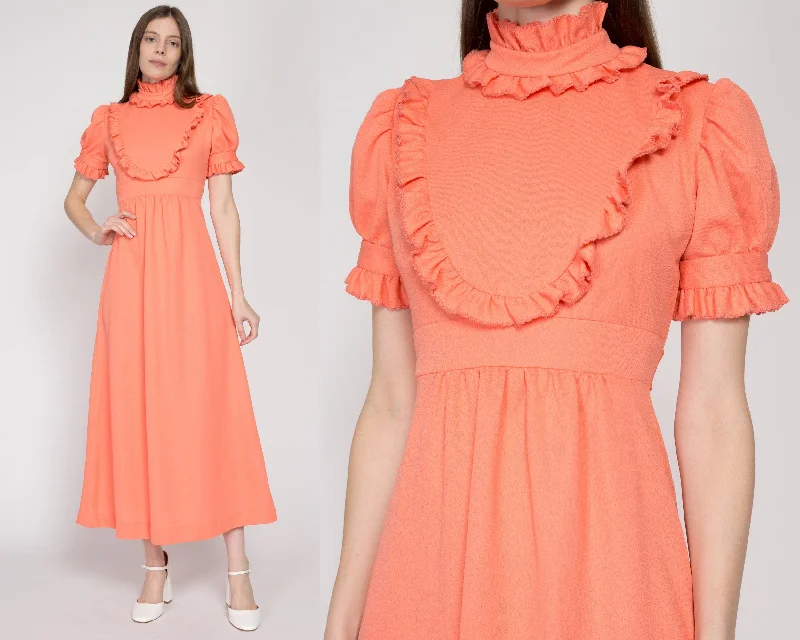 XS 70s Peach Prairie Puff Sleeve Maxi Dress Stylish Button-Up Maxi Dress