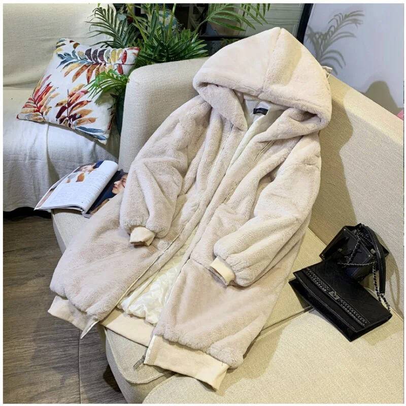 Getadme-Casual Hoodies Furry Thick Warm Long Faux Rabbit Fur Jacket Faux Fur Coat Women Loose Winter Coat Women Zip Hoodie Drawstring Kangaroo Pocket