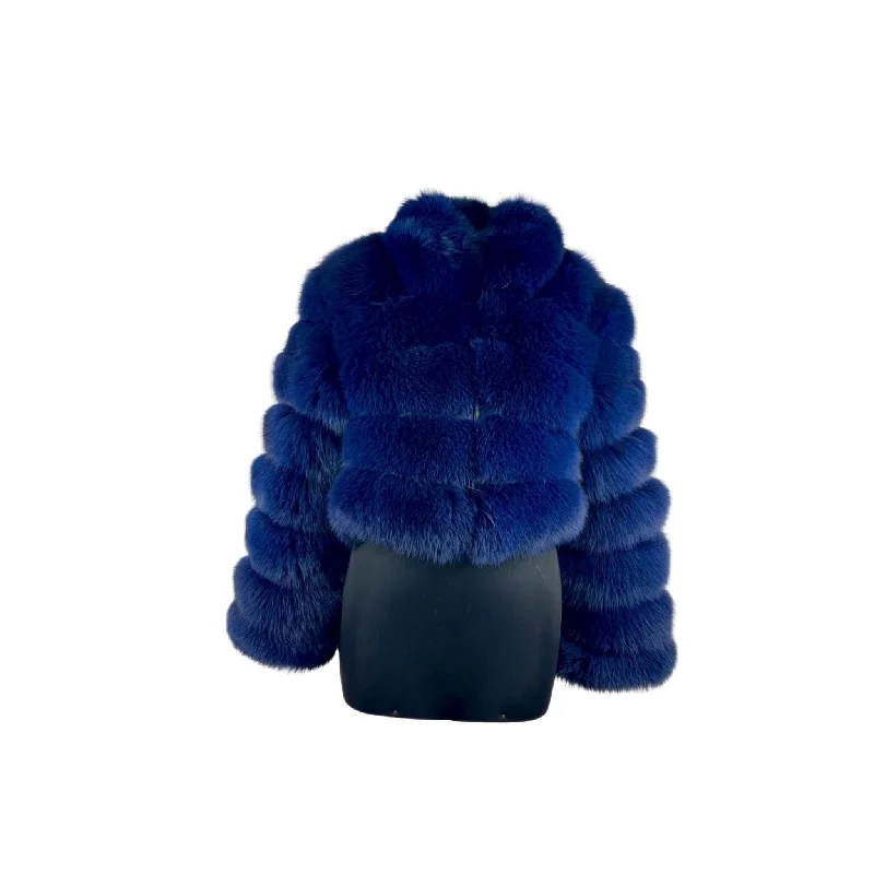 Women's Royal Blue  Cropped Fox Fur Jacket Style # 3400 Appliqued Jacket Beaded Jacket Sequined Jacket