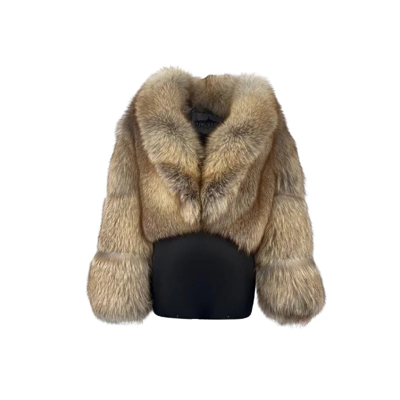 Women's Cropped Crystal Fox Fur Jacket Style # 6001 Toggled Jacket Drawstring Jacket Belted Jacket