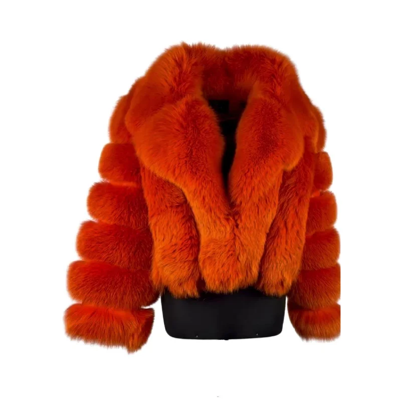 Women's Orange Fox  Fur  Jacket Style # 6006 Elasticated Jacket Padded Jacket Insulated Jacket