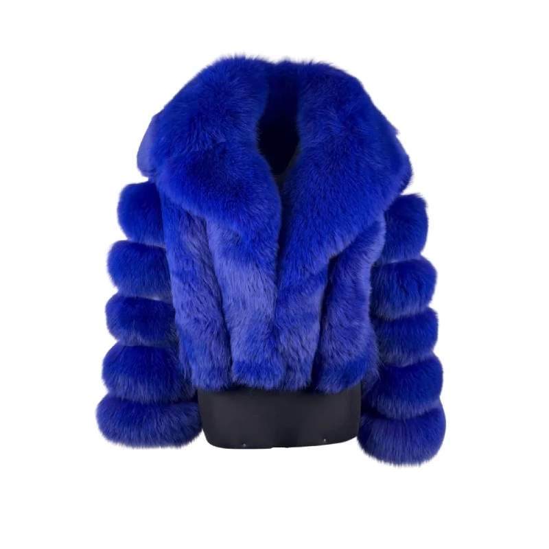 Women's ROYAL BLUE Fox  Fur  Jacket Style # 6006 Ribbed Jacket Pleated Jacket Ruffled Jacket