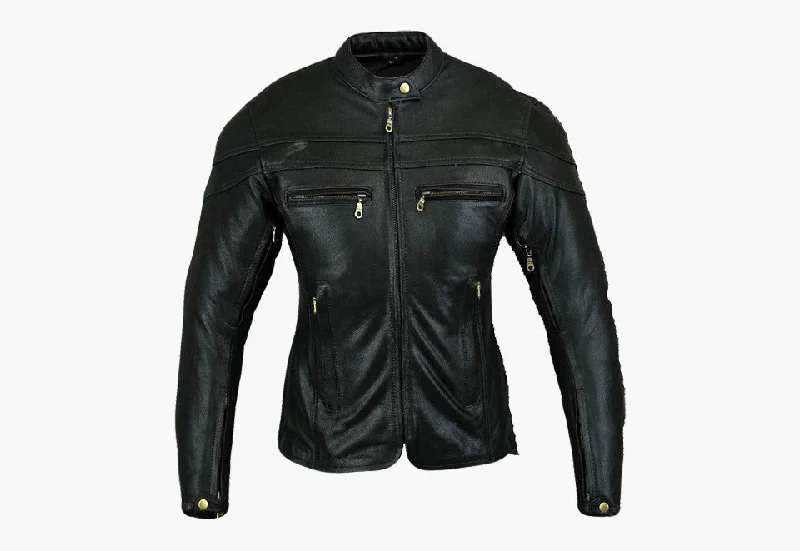 BGA Sturgis Women Leather Motorcycle Jacket Black Front Pockets Side Pockets Patch Pockets