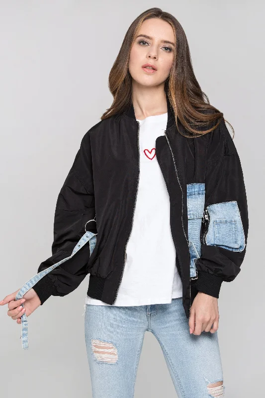 Black and Denim Panel Bomber Jacket Snapped Jacket Toggled Jacket Drawstring Jacket