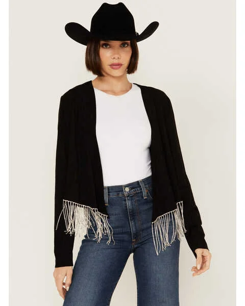 BLACK RHINESTONE FRINGE JACKET Ribbed Jacket Pleated Jacket Ruffled Jacket