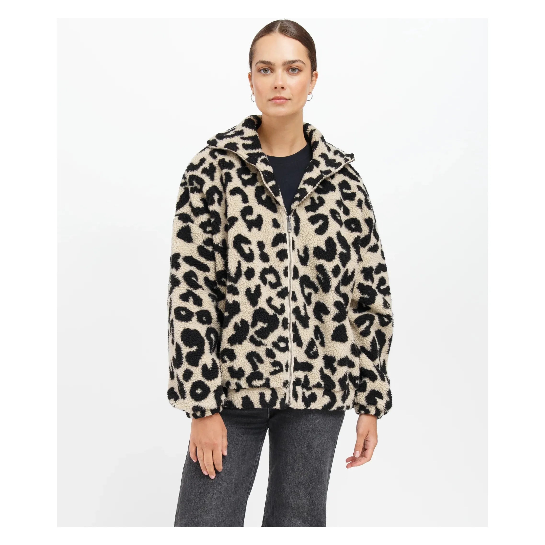 Brunette the Label Leopard Print Sherpa Jacket Cardigan Sweater Pullover