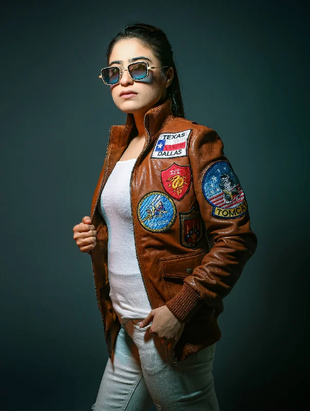 Womens Aircraft Patches Brown Leather Jacket Mesh Jacket Canvas Jacket Denim Jacket