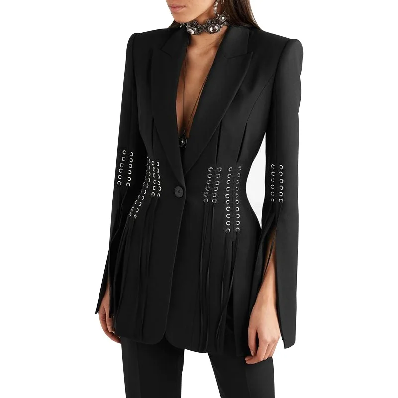 Casual Women's Lace-Up Design Black Blazer / One-Button Split Suit Jacket / Female Fashion Clothes A-Line Jacket Boat Neck Shawl Collar