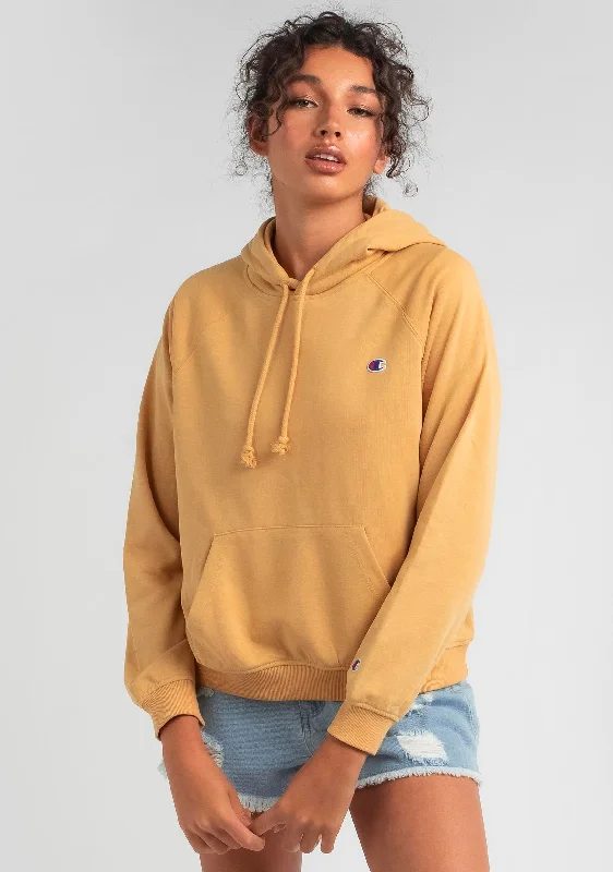 Champion Womens French Terry Script Hoodie Mustard <br> CT6XN GQQ Hoodie with Drawstring Waist Adjustable Fitted