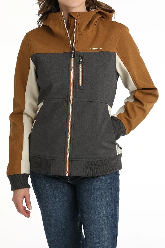 CINCH LADIES BROWN/GREY/CREAM COLOR BLOCK BONDED HOODED JACKET Corduroy Jacket Velvet Jacket Brocade Jacket