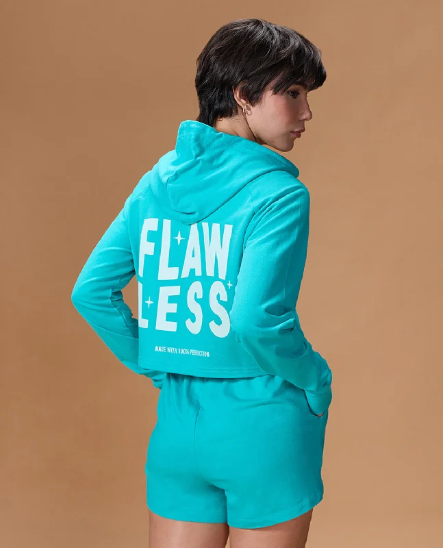 Cropped Cotton Terry Hoodie Teal Hoodie with Button Classic Timeless