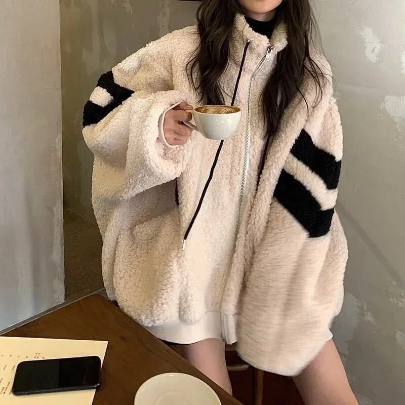 Getadme Women Zipper Jackets Harajuku Oversized Hoodies Korean Streetwear Faux Lamb Fleece Winter Stripe Coats Casual Outerwear Oversized Hoodie Comfort Casual