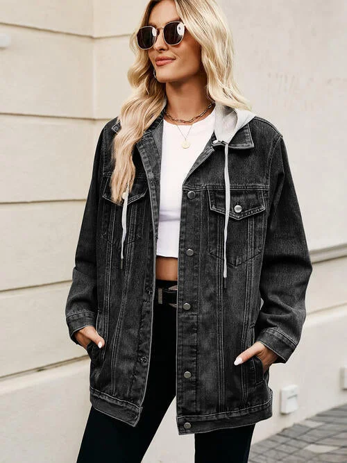 Drawstring Button Up Hooded Denim Jacket Bomber Jacket Anorak Windbreaker