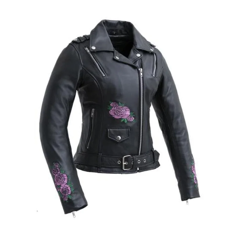 First Manufacturing Bloom - Women's Lightweight Motorcycle Leather Jacket Hooded Jacket Caped Jacket Shawl Collar Jacket