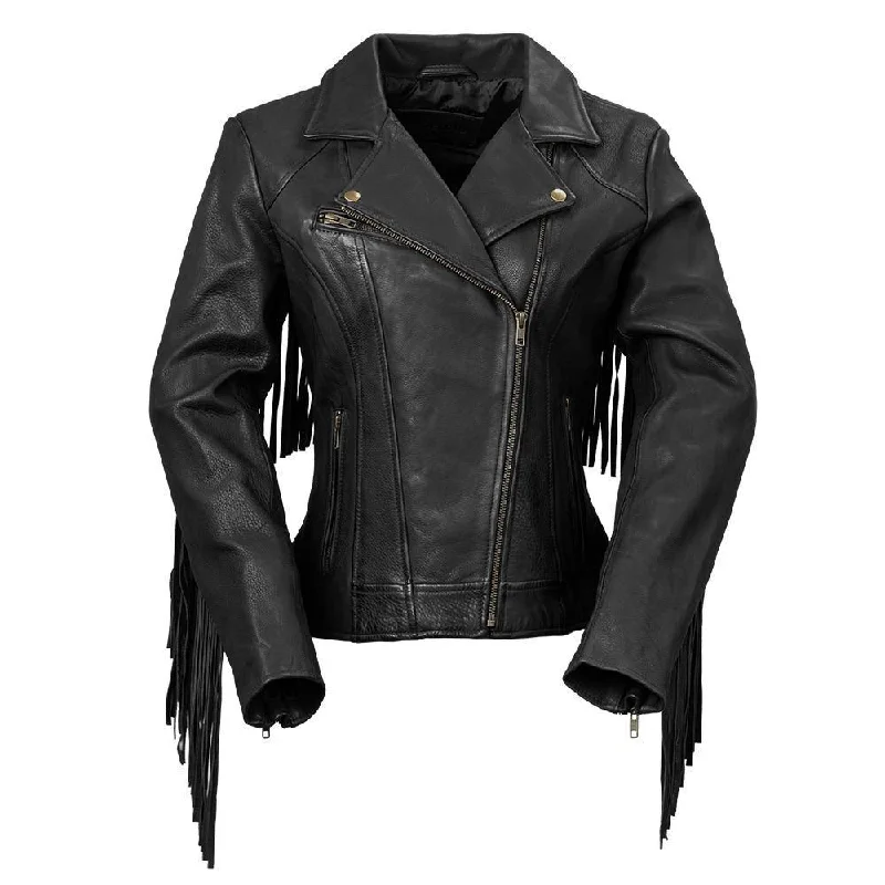 First Manufacturing Daisy - Women's Fringe Motorcycle Leather Jacket Collared Jacket Crew Neck Jacket Turtle Neck Jacket