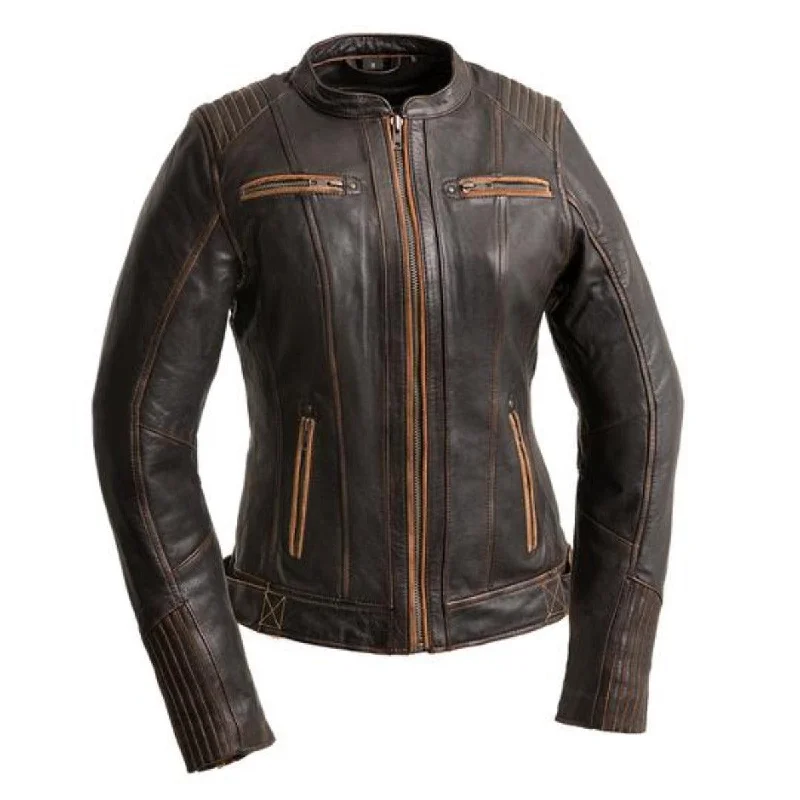 First Manufacturing Electra - Women's Leather Motorcycle Jacket, Distressed Brown Hooded Jacket Caped Jacket Shawl Collar Jacket