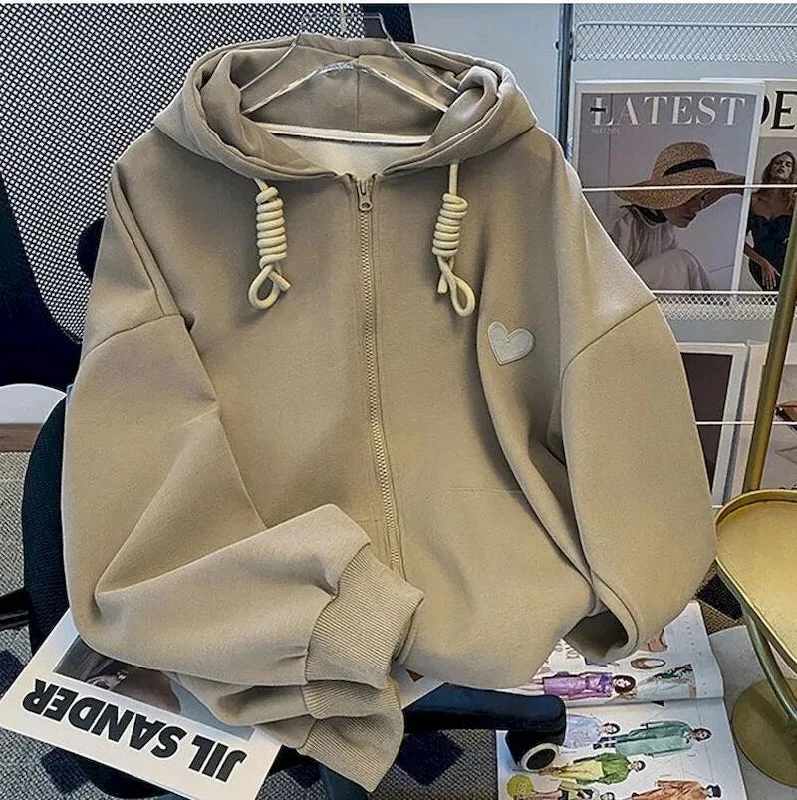 Getadme Fashion Drawstring Hoodies Women Autumn Winter Trend Hooded Coats Casual Loose Plush Thicken Cardigan Hoodie Zipper Jacket Woman Hoodie with Contrast Stitching Detailed Premium