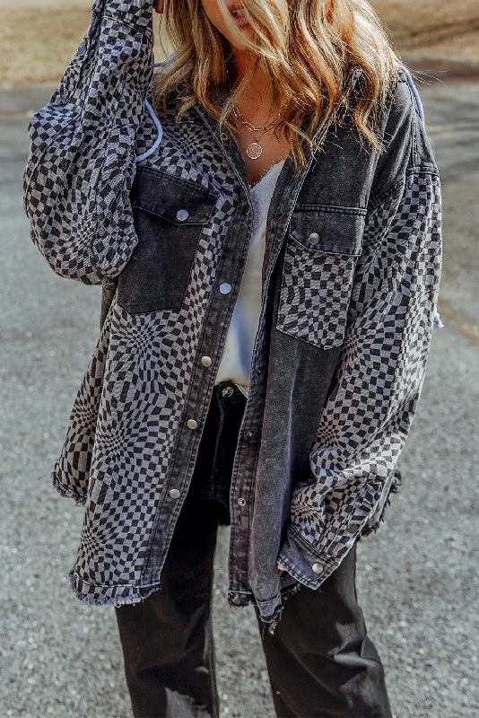 Gray Checked Patchwork Frayed Hem Hooded Denim Shacket Hoodie with Exposed Zipper Edgy Industrial