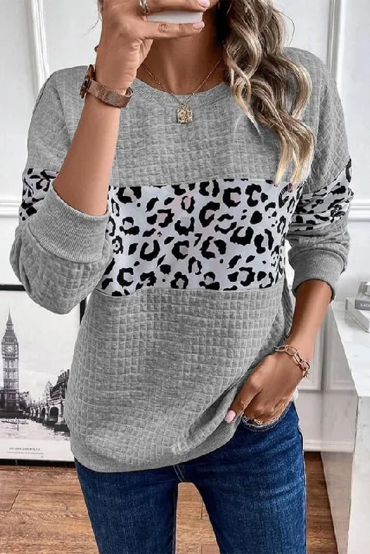 Gray Leopard Quilted Patchwork Crew Neck Sweatshirt Hoodie with Snap Buttons Easy Quick