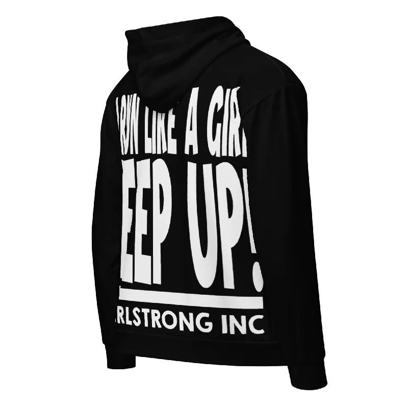 GS GRAPHIX ZIP HOODIE BLACK - I RUN LIKE A GIRL KEEP UP Hoodie with Side Slits Relaxed Casual