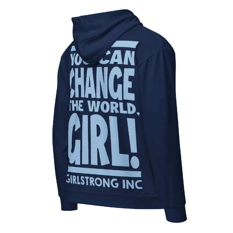 GS GRAPHIX ZIP HOODIE NAVY - YOU CAN CHANGE THE WORLD, GIRL! Hoodie with Distressed Vintage Worn