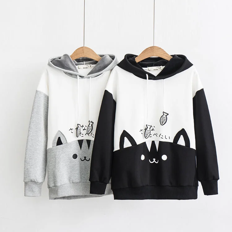 Japanese cute cat hoodie yv30588 Hoodie with Monochrome Minimalist Simple