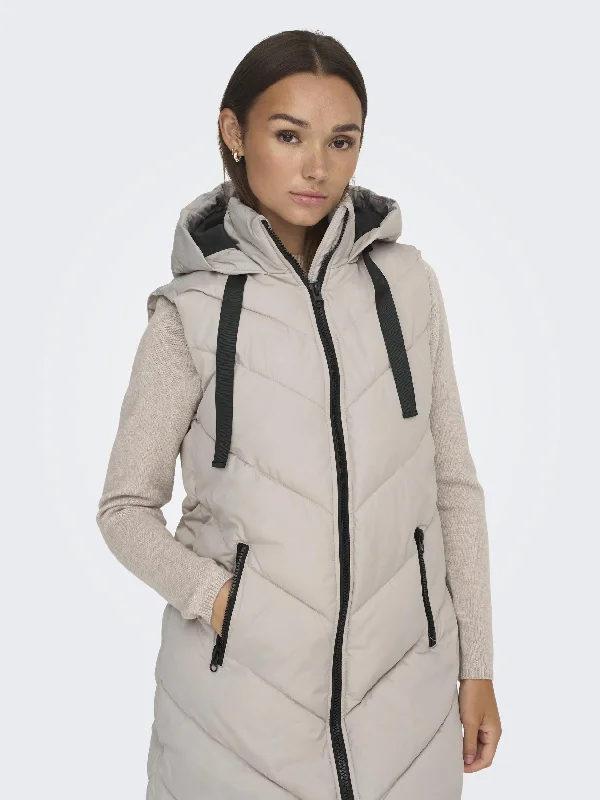 JDY Ladies Skylar long Hooded Bodywarmer -GREY Hoodie with Half-Zip Sporty Casual