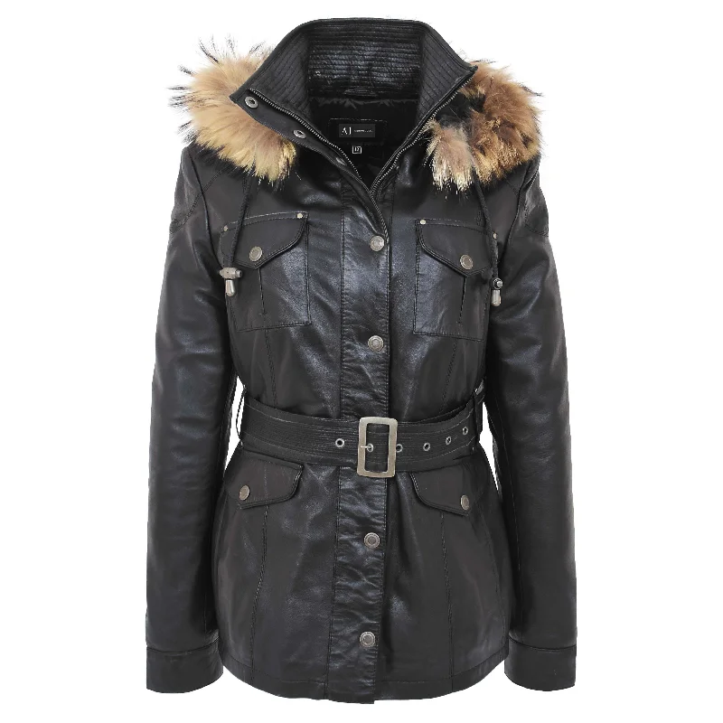 Ladies Black Leather Duffle Coat Belted Removable Hood Parka Jacket Sarah Zip Front Button Front Snap Front