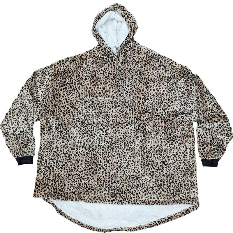 Leopard Print Oversized Sherpa Fleece Hoody - (Choice Adult or Child) Hoodie with Hem Frayed Vintage Worn